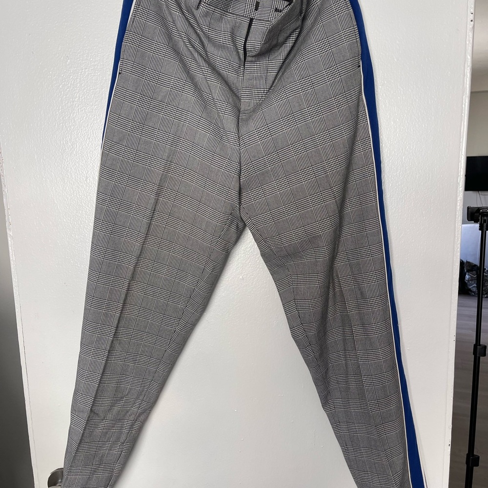 Gray Plaid Pants with Blue Stripe